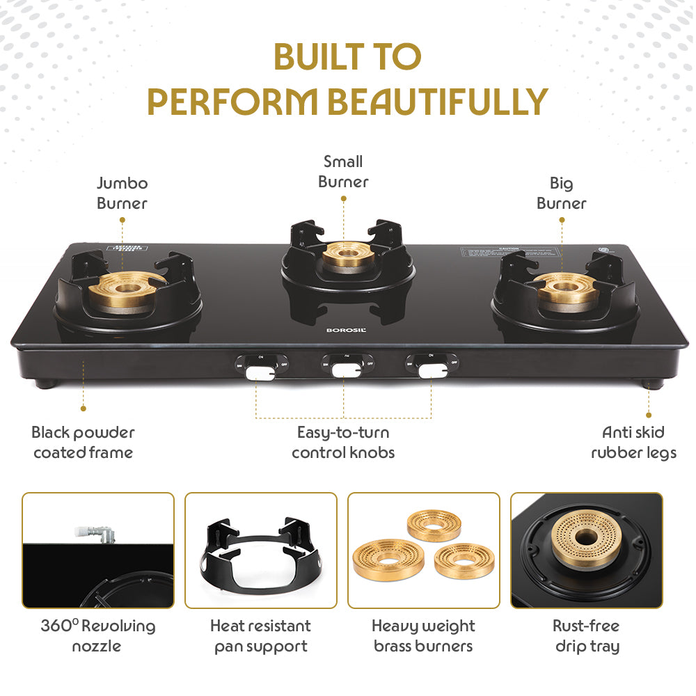 Borosil Flame Star Glass-top Gas Stove, 3 Burners