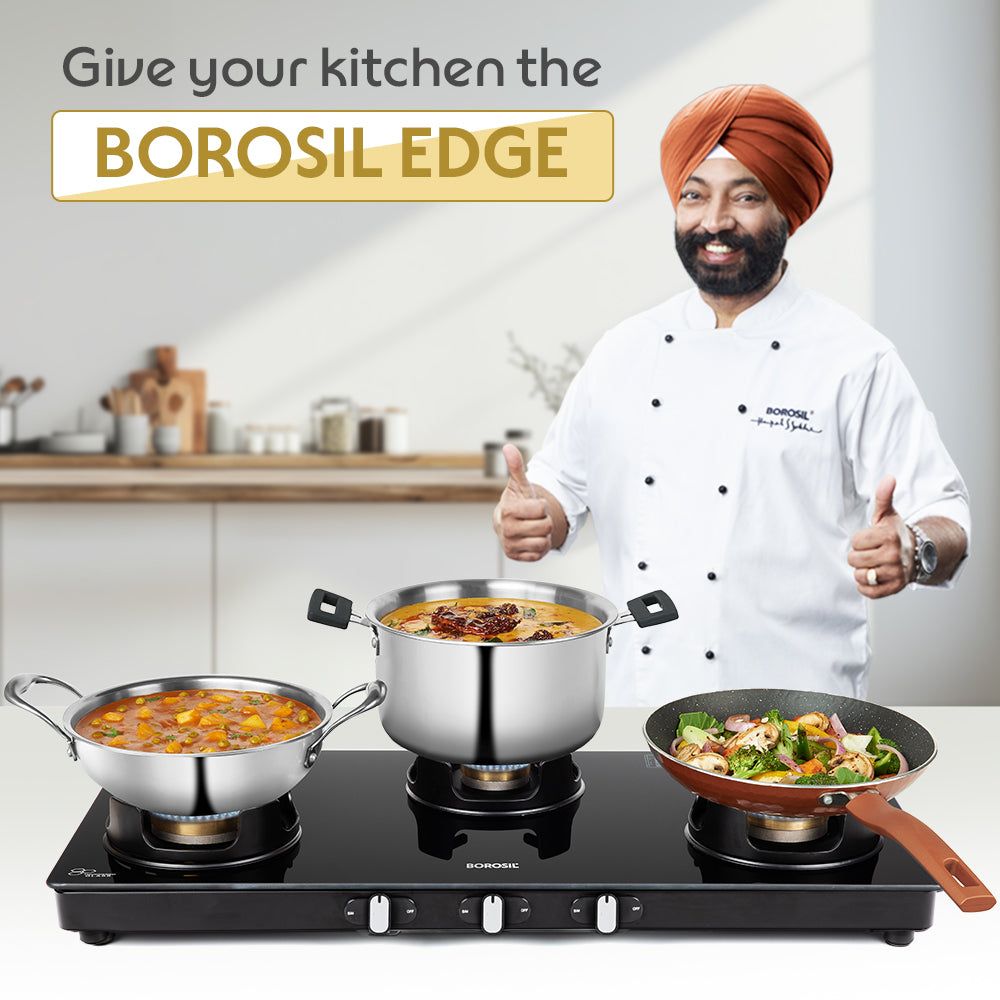 Borosil Flame Star Glass-top Gas Stove, 3 Burners