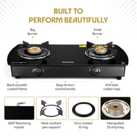 Borosil Prima Glass-top Gas stove, 2 Burners, 8 mm Toughened Glass, Brass Burners