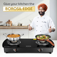 Borosil Prima Glass-top Gas stove, 2 Burners, 8 mm Toughened Glass, Brass Burners