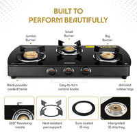 Borosil Prima Glass-top Gas stove, 3 Burners