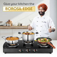 Borosil Prima Glass-top Gas stove, 3 Burners