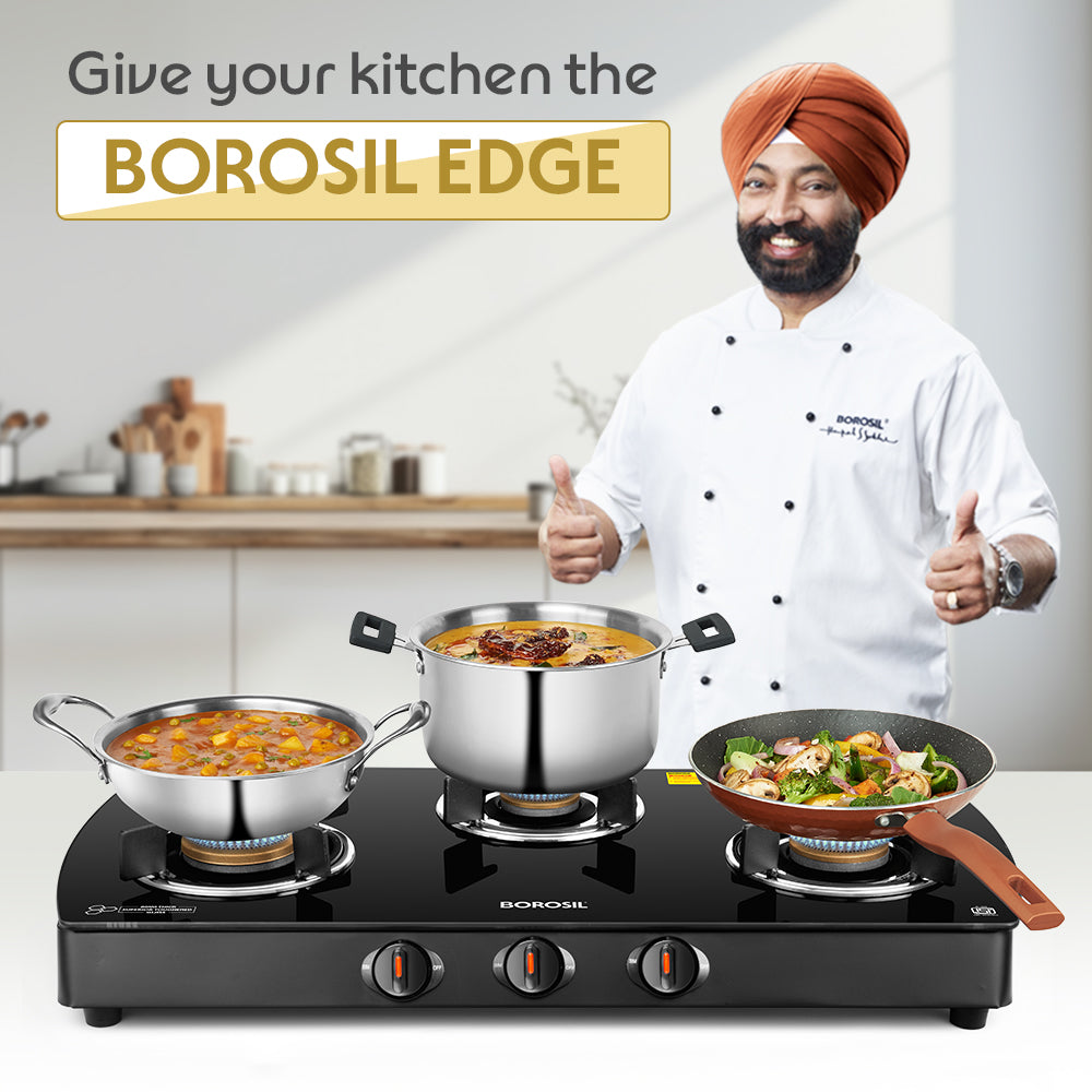 Borosil Prima Glass-top Gas stove, 3 Burners