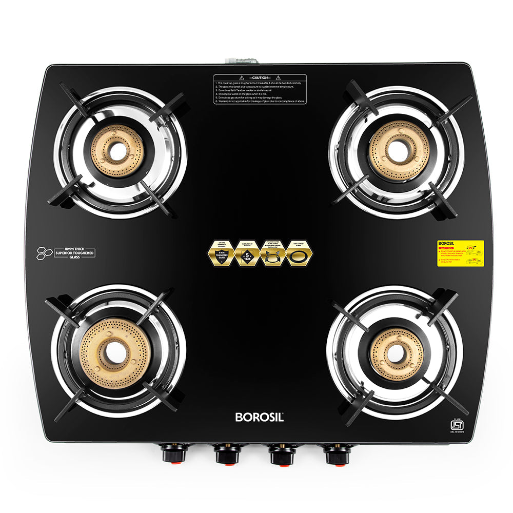 Borosil Prima Glass-top Gas Stove, 4 Burners