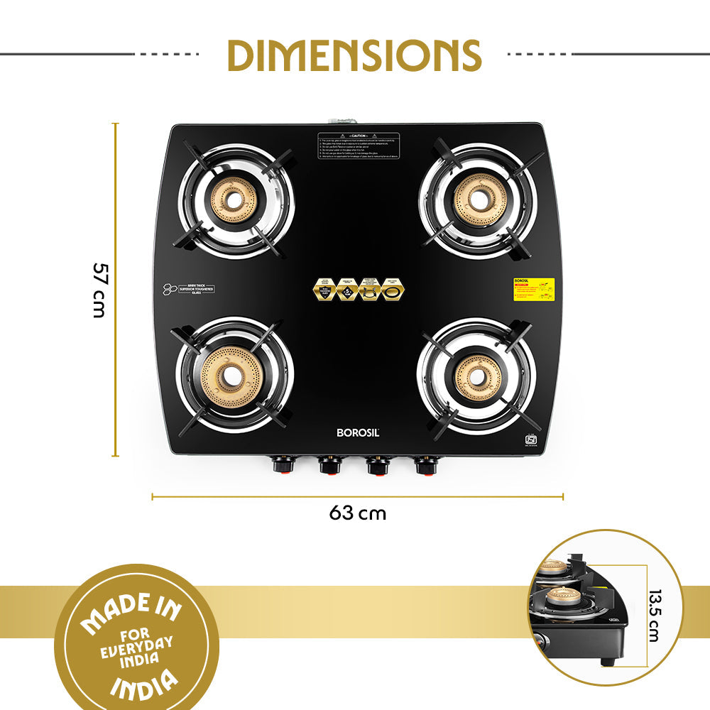 Borosil Prima Glass-top Gas Stove, 4 Burners