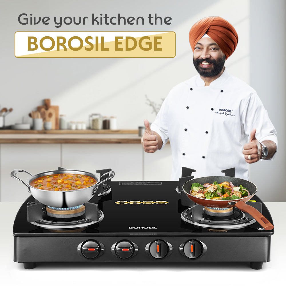 Borosil Prima Glass-top Gas Stove, 4 Burners