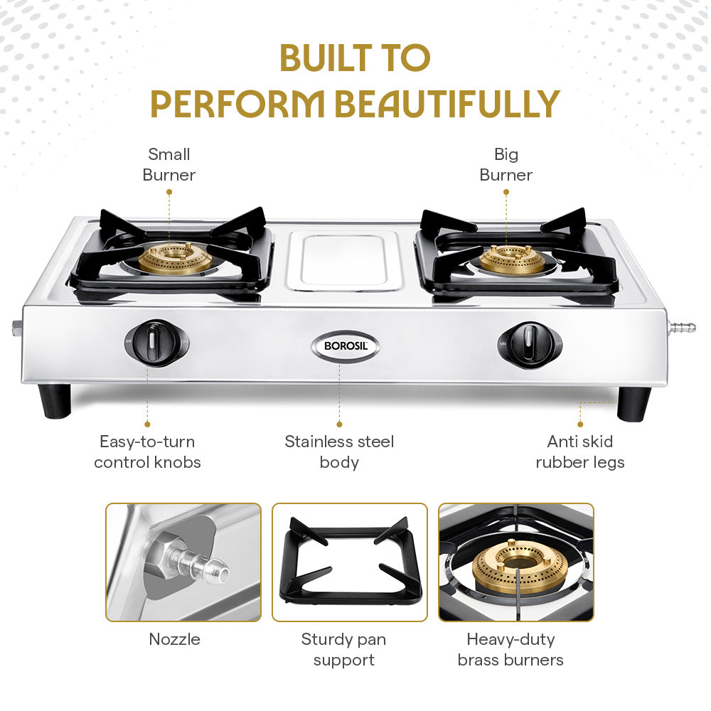 Borosil Smart Flame Stainless Steel Gas Stove, 2 Burners