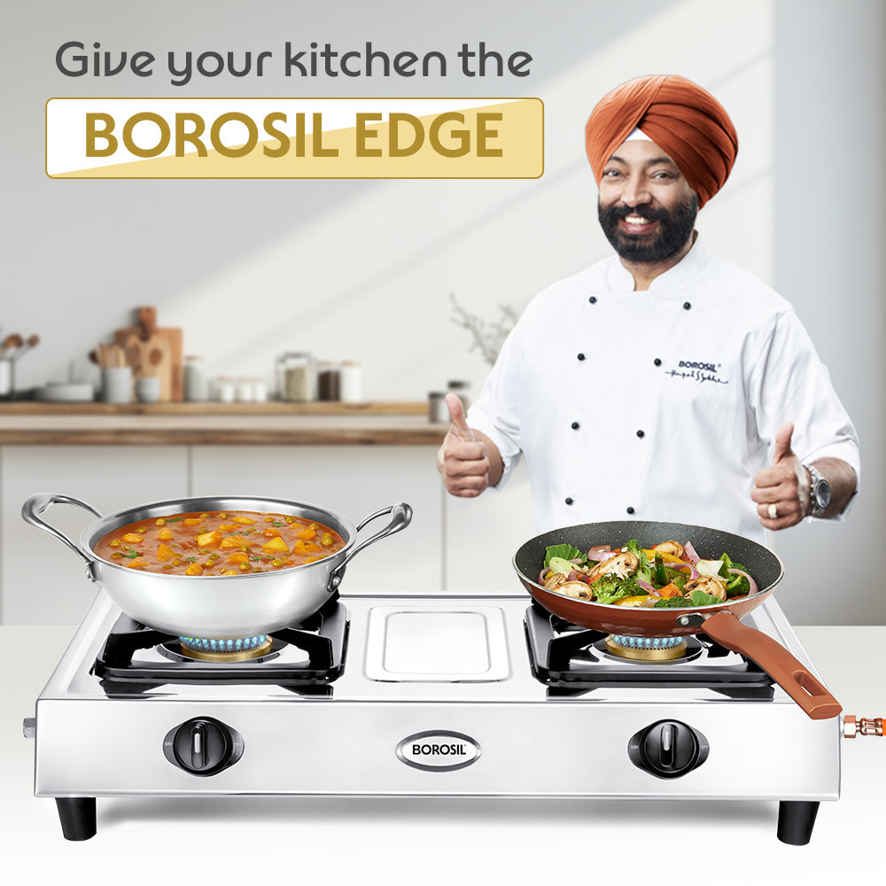 Borosil Smart Flame Stainless Steel Gas Stove, 2 Burners
