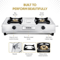 Borosil Smart Flame DLX Stainless Steel Gas Stove, 2 Burners