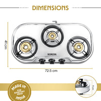 Borosil Ignite Pro Stainless Steel Gas Stove, 3 Burners