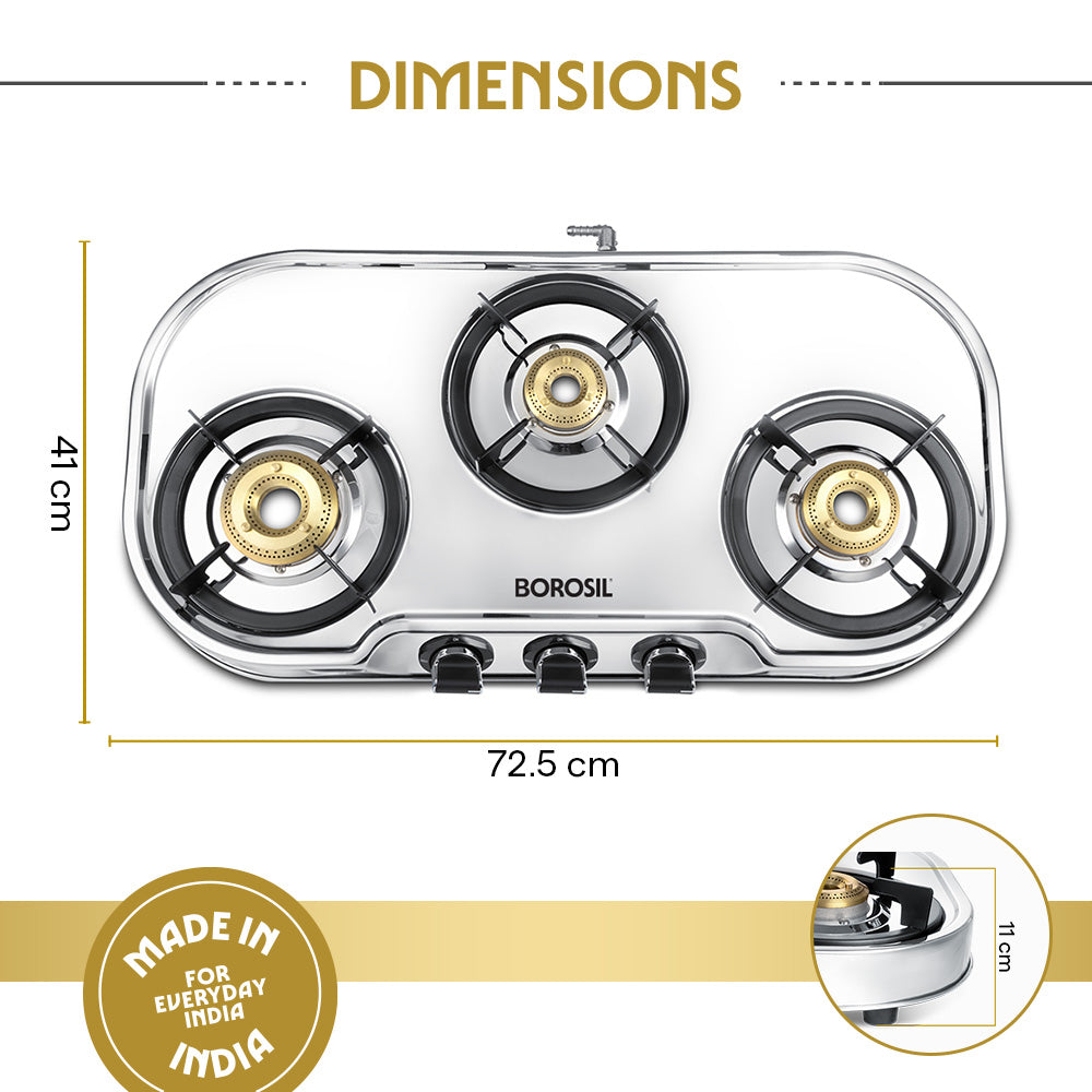 Borosil Ignite Pro Stainless Steel Gas Stove, 3 Burners