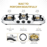 Borosil Ignite Pro Stainless Steel Gas Stove, 3 Burners