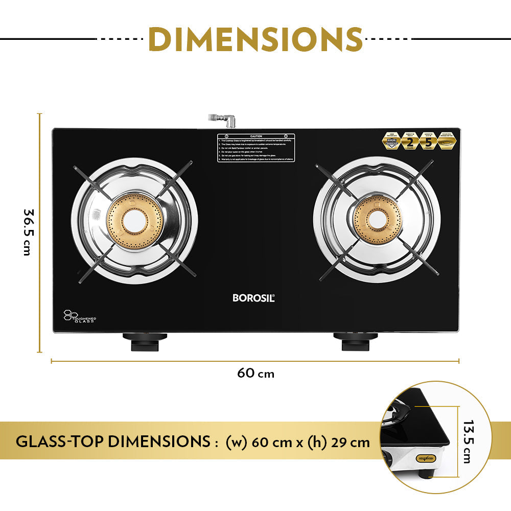 Borosil Blaze Glass-top Gas stove, 2 Burners (1 Large & 1 Small)