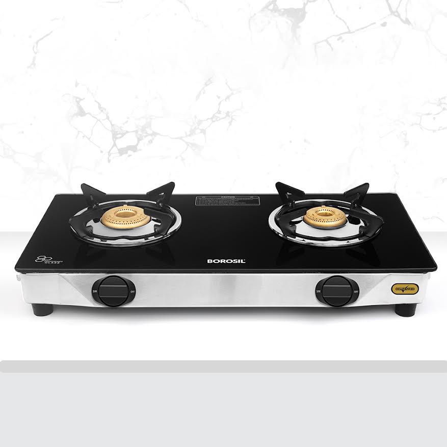 Borosil Blaze Glass-top Gas stove, 2 Burners (1 Large & 1 Small)