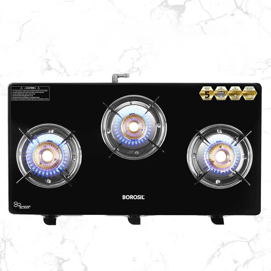 Borosil Flare Glasstop Gas stove, 3 Burners, 3burners(2large&1small)
