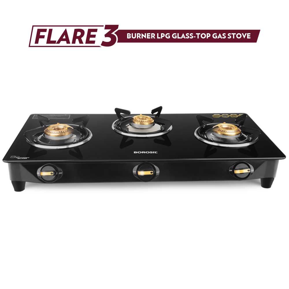 Borosil Flare Glasstop Gas stove, 3 Burners, 3burners(2large&1small)