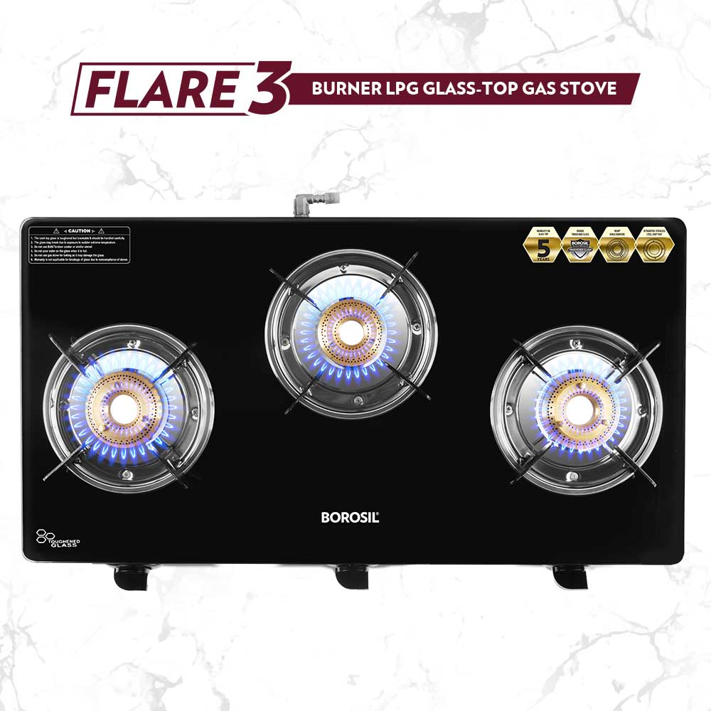 Borosil Flare Glasstop Gas stove, 3 Burners, 3burners(2large&1small)