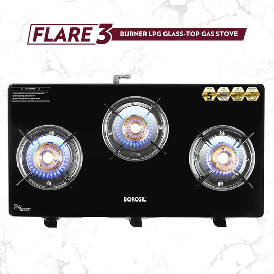 Borosil Flare Glasstop Gas stove, 3 Burners, 3burners(2large&1small)