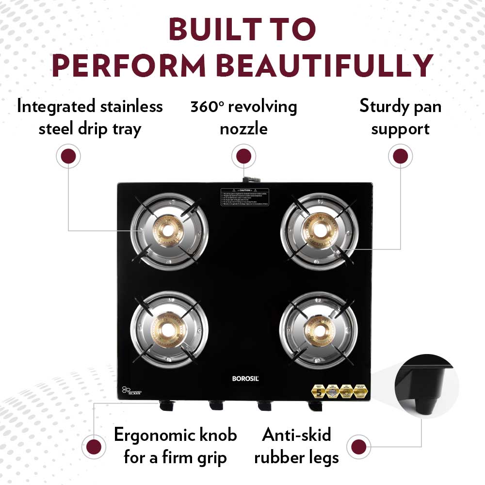 Borosil Flare Glasstop Gas stove, 4 Burners, 4burners(2large&2small)