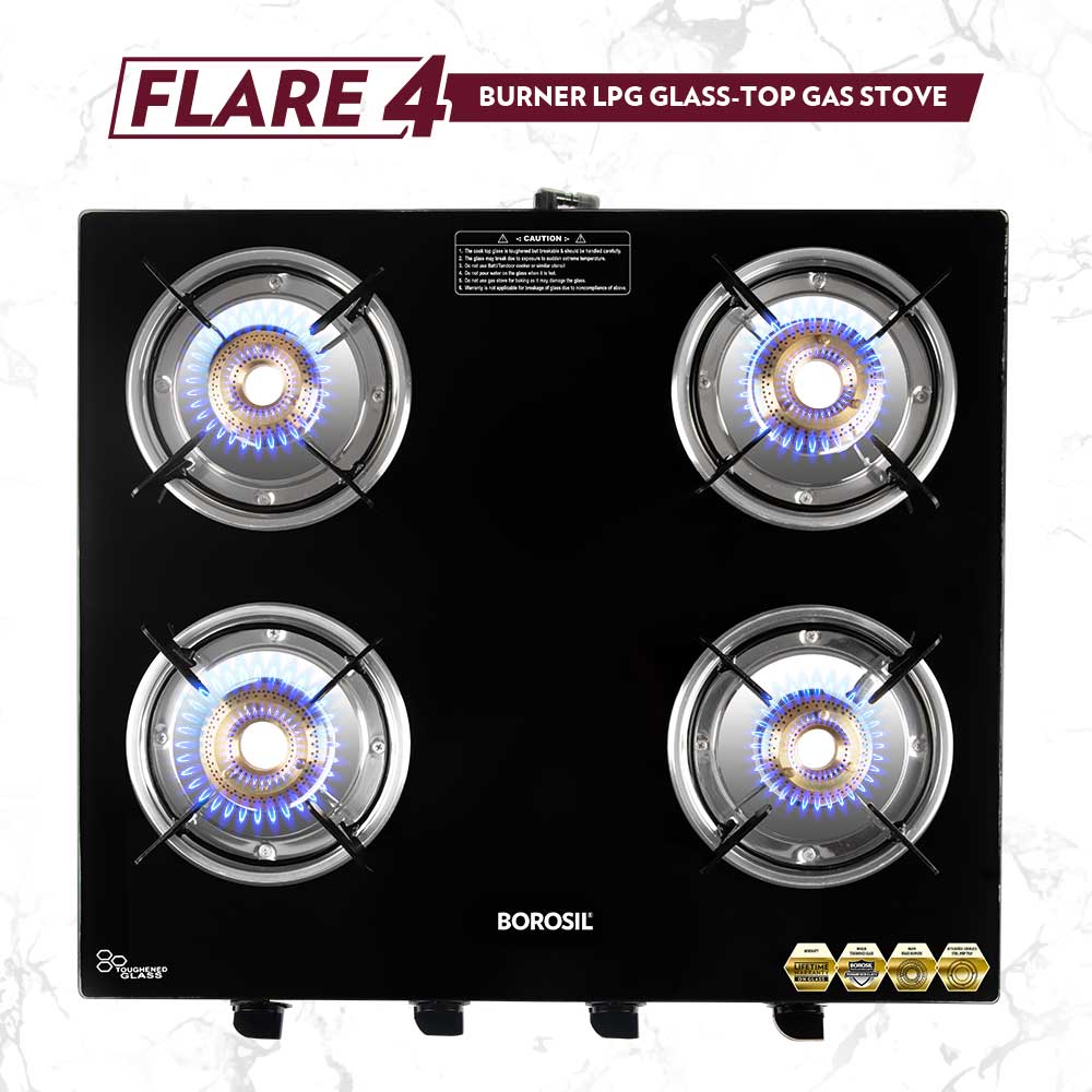 Borosil Flare Glasstop Gas stove, 4 Burners, 4burners(2large&2small)