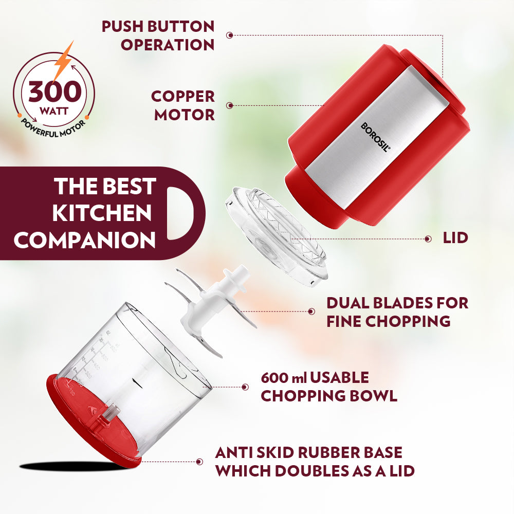 Borosil Chef Delite 300W Chopper, Red